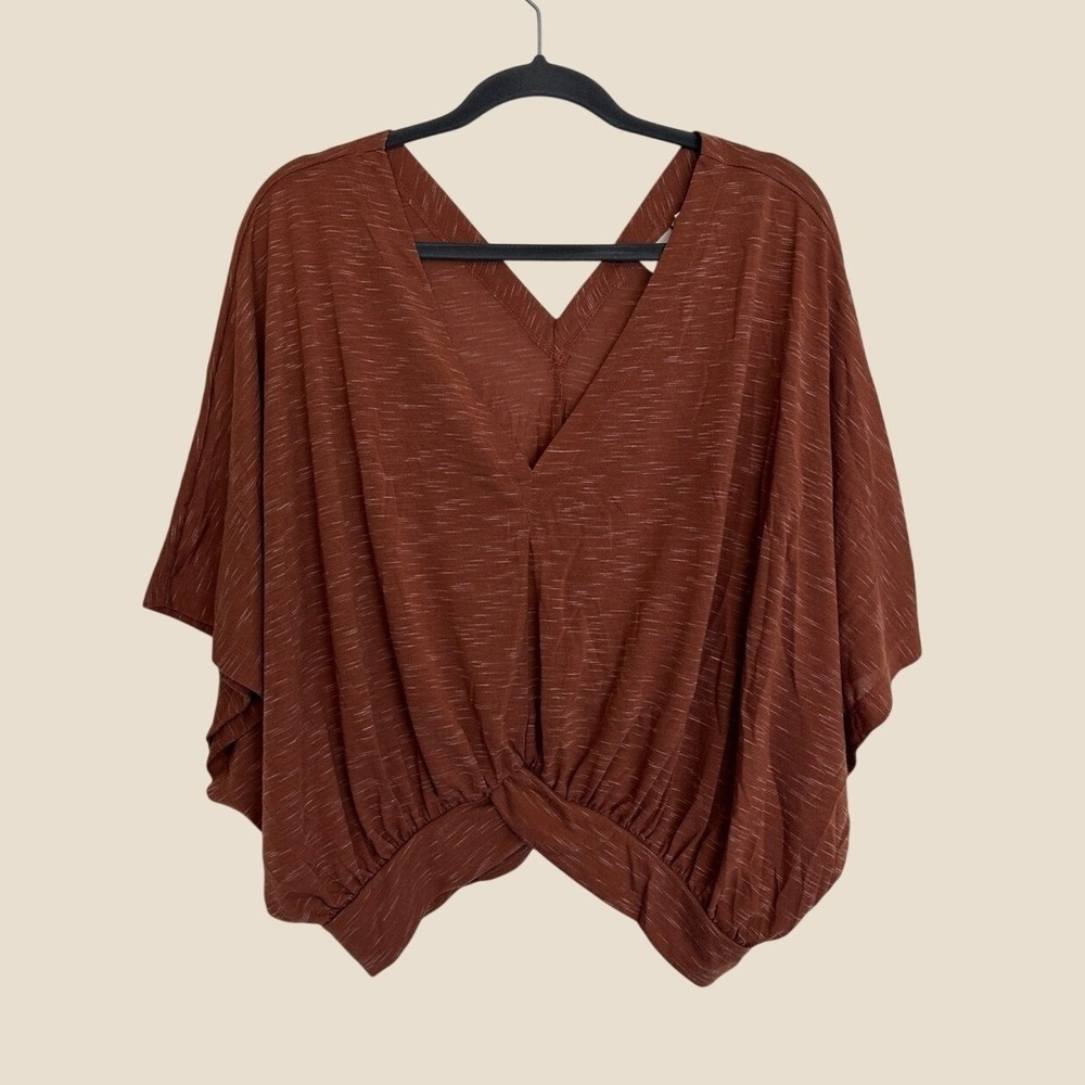 Good Luck Gem Womens Large Rust Color Twist Front V Neck Drapey Blouse Top